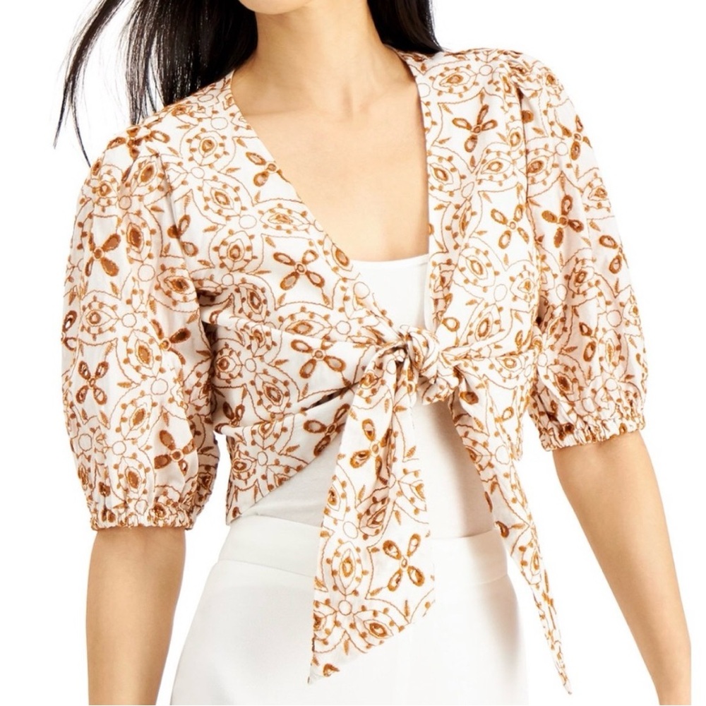 INC International Concepts White and Brown Tie-Front Blouse